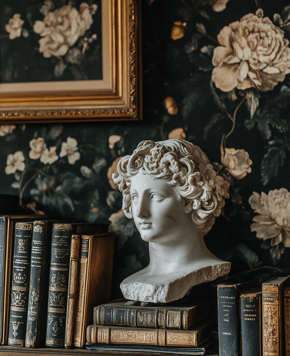 Still life photography of books and an antique statue in an dark academia style