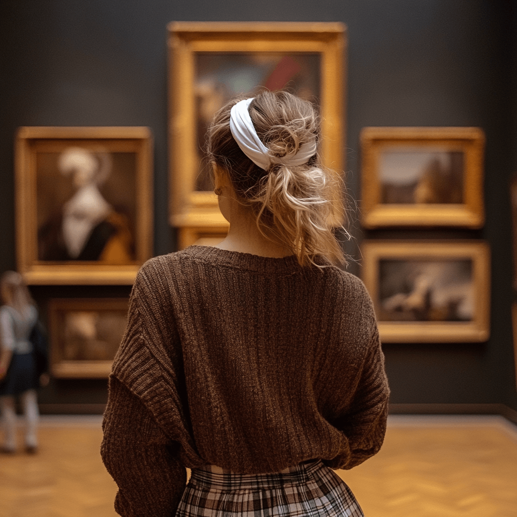 Photography of a stylish woman wearing a brown sweather in an art gallery
